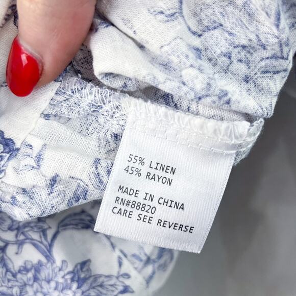 Cynthia Rowley Women's Blue Floral Linen Blend Crop Blouse XS Puff Sleeve Boho - Picture 6 of 7